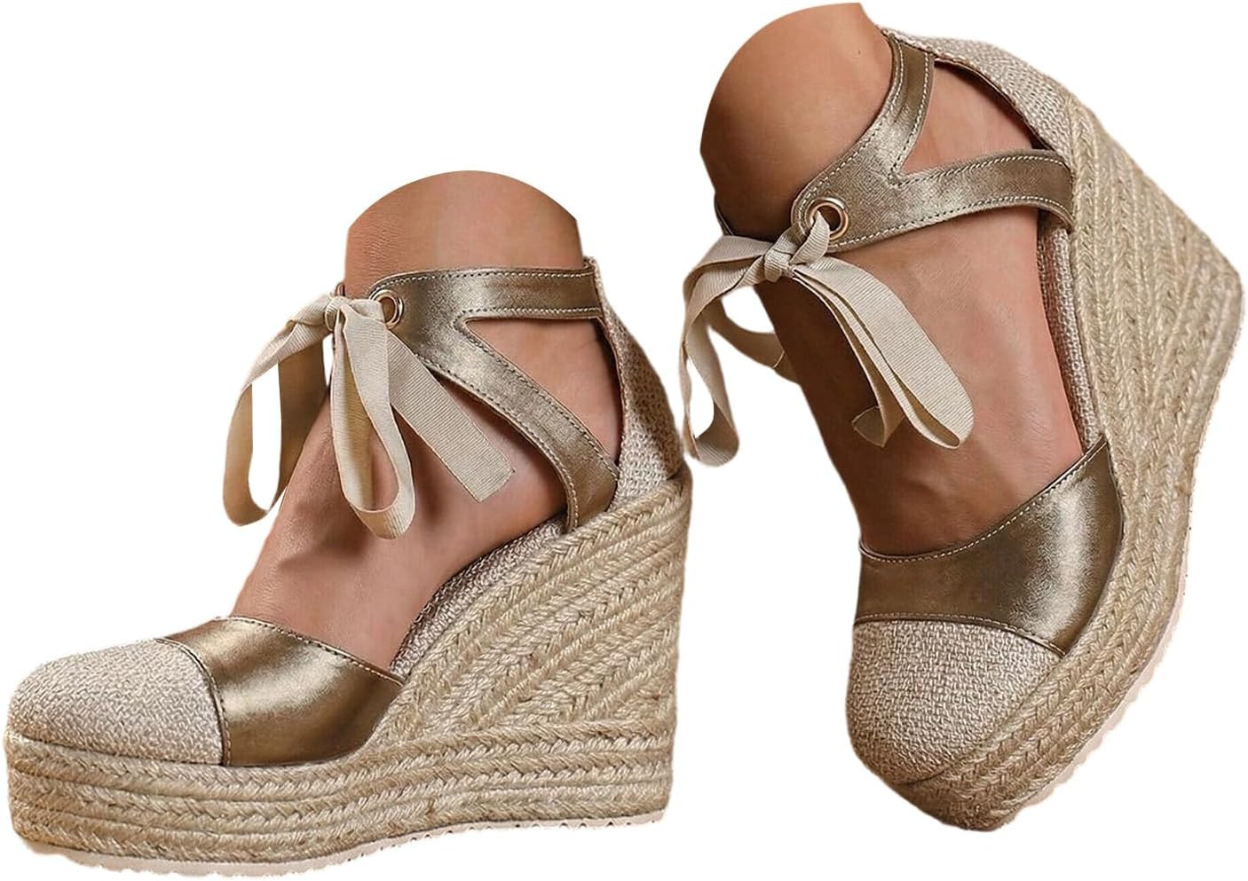 Womenyiaor Womens Espadrilles Wedge Sandals Platform Closed Toe Sandals Ankle Strap Lace Up Summer Spring Shoes | Amazon (US)