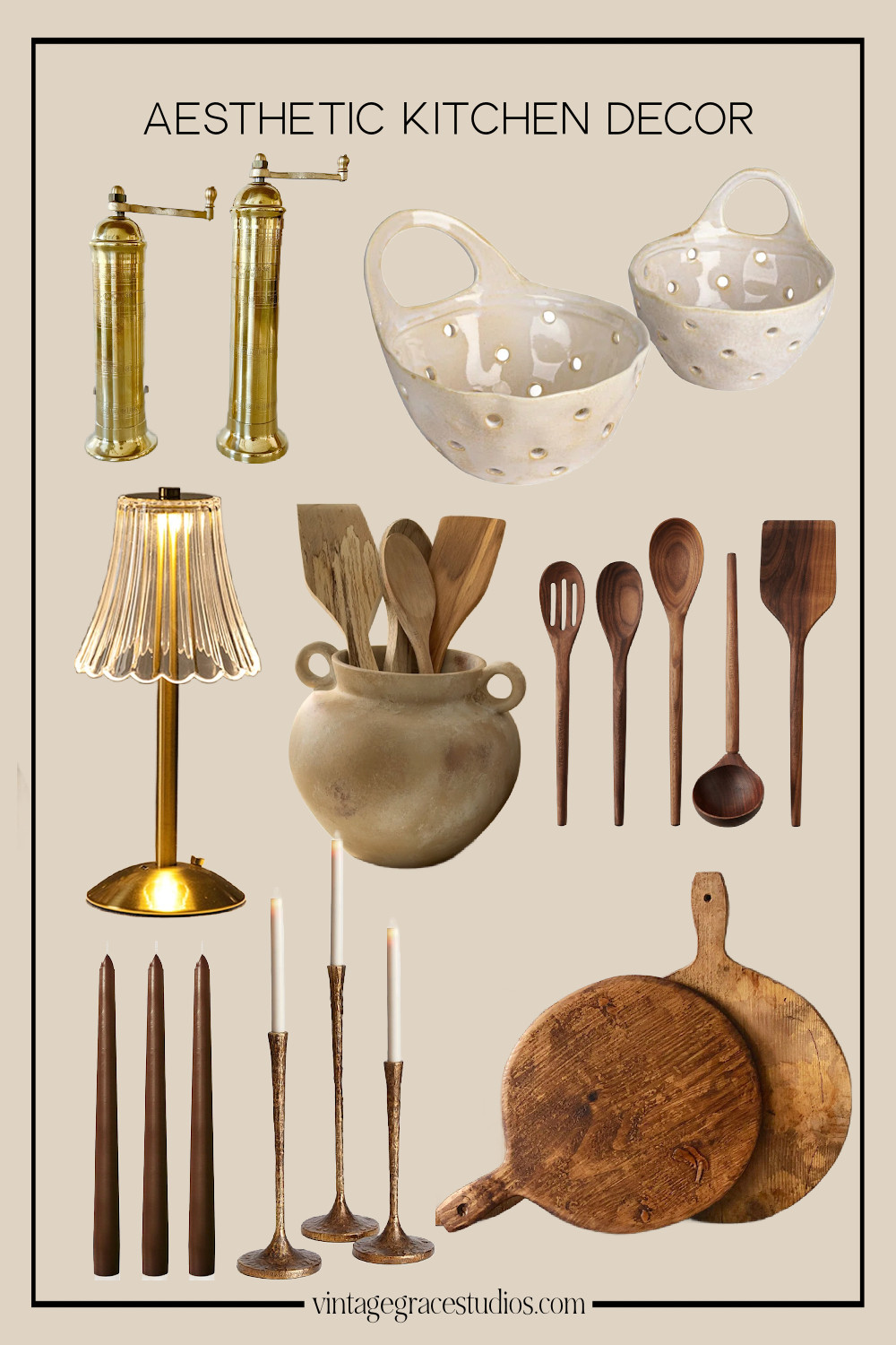aesthetic kitchen decor to make your kitchen feel warm and inviting... plus you'll obviously want to spend time in there with all of these pretty things! 

brass salt and pepper grinder, kitchen stoneware, stone colander, kitchen utensil holder, wooden kitchen utensils, mini lamp, cutting board, candle stick holder, candle sticks  

 #LTKHome