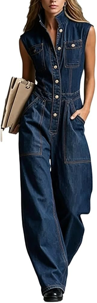 Wuitrie Women's Denim Sleeveless Jumpsuit Casual Retro Wide Leg Jumpsuits Daily Wear Street Style... | Amazon (US)