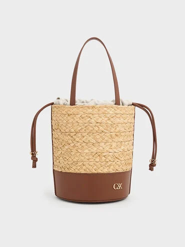 Leather & Raffia Bucket Bag
 - Brown | Charles & Keith US