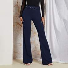 Solid Flare Leg Belted Trousers | SHEIN