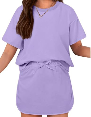 Arshiner Girls 2 Piece Outfits Summer Clothes Short Sleeve Drop Shoulder Shirt and Skirt with Bui... | Amazon (US)