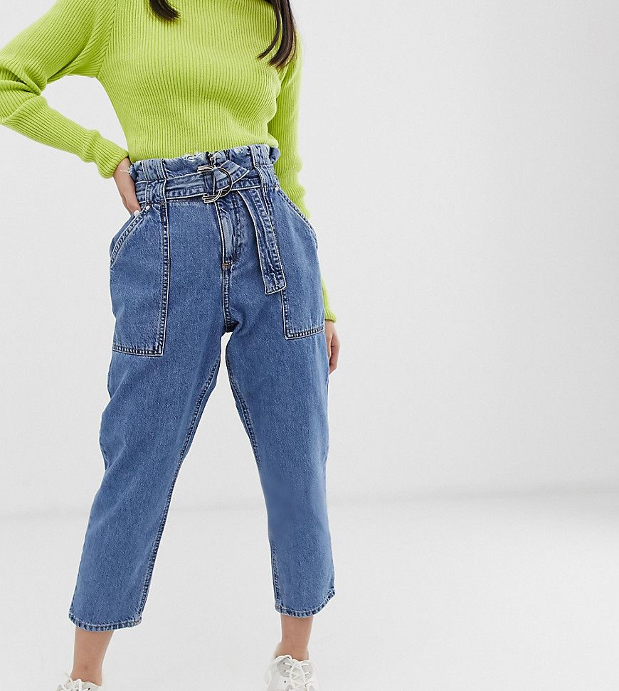 River Island Petite paperbag jeans in mid wash-Blue | ASOS (Global)