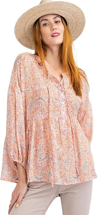 Easel Women's 3/4 Sleeve Floral Chiffon Lightweight Button Down Blouse Top Tunic-Coral | Amazon (US)