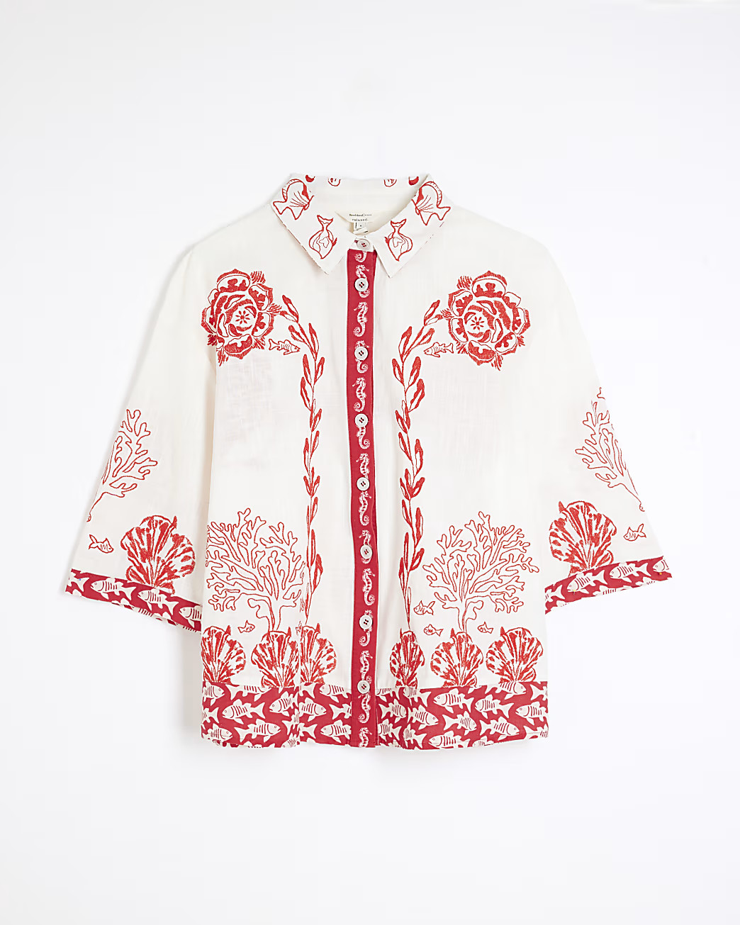 Red Short Sleeve Shell Print Shirt | River Island UK & IE