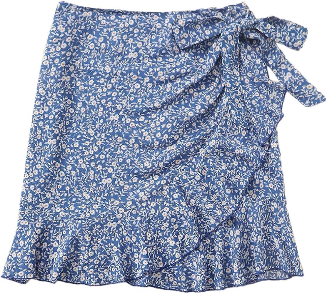 SOLY HUX Women's Summer Boho Print Ruffle Hem Wrap Tie Waist Mini Short Skirt | Amazon (US)