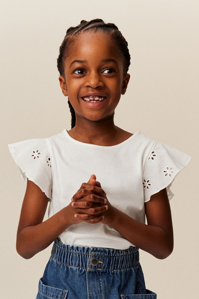 Jersey Top with Eyelet Embroidery - Round Neck - Short sleeve - White - Kids | H&M US | H&M (US + CA)