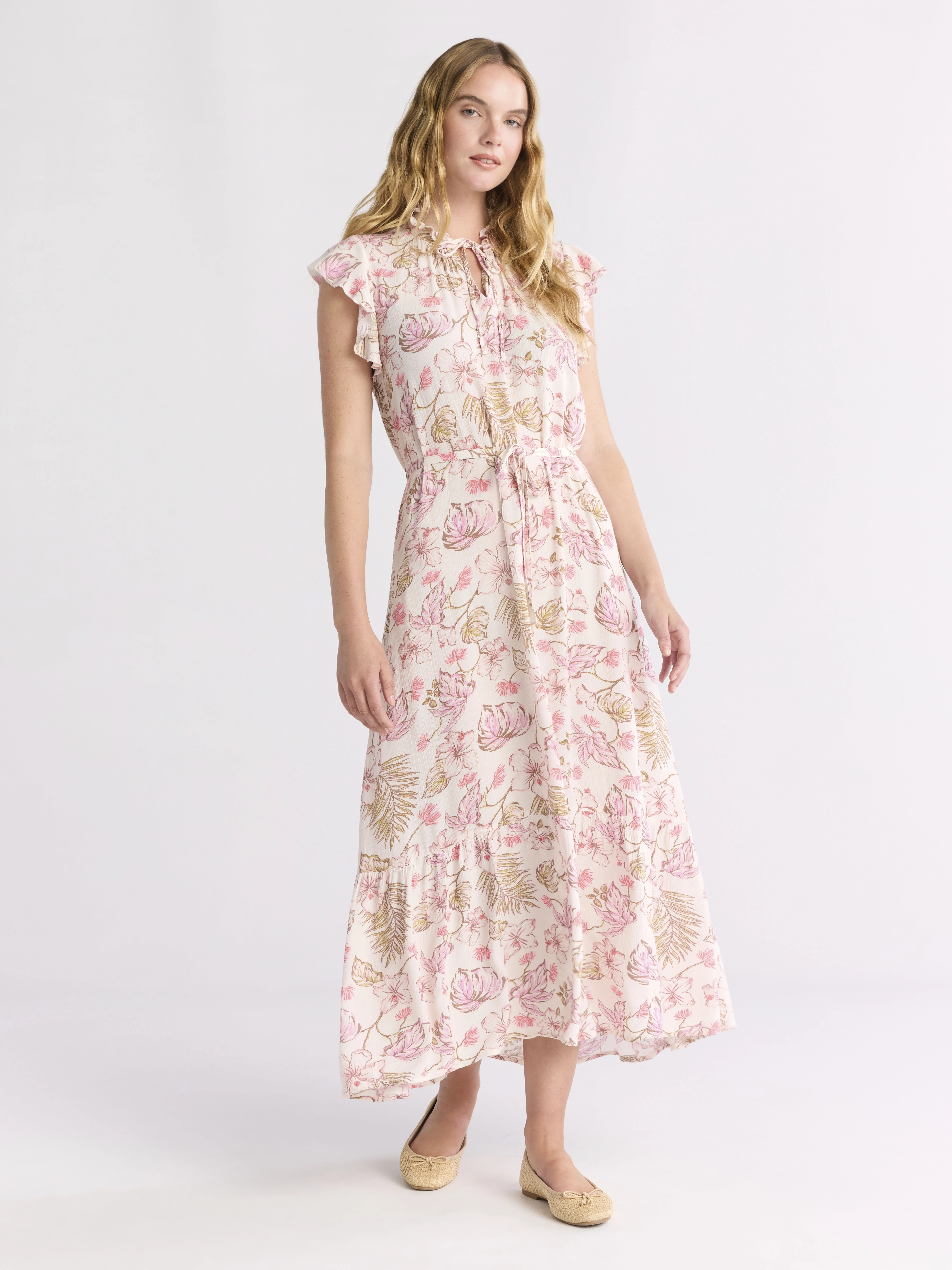 Time and Tru Women's Flutter Sleeve Midi Dress, Sizes XS-XXXL | Walmart (US)