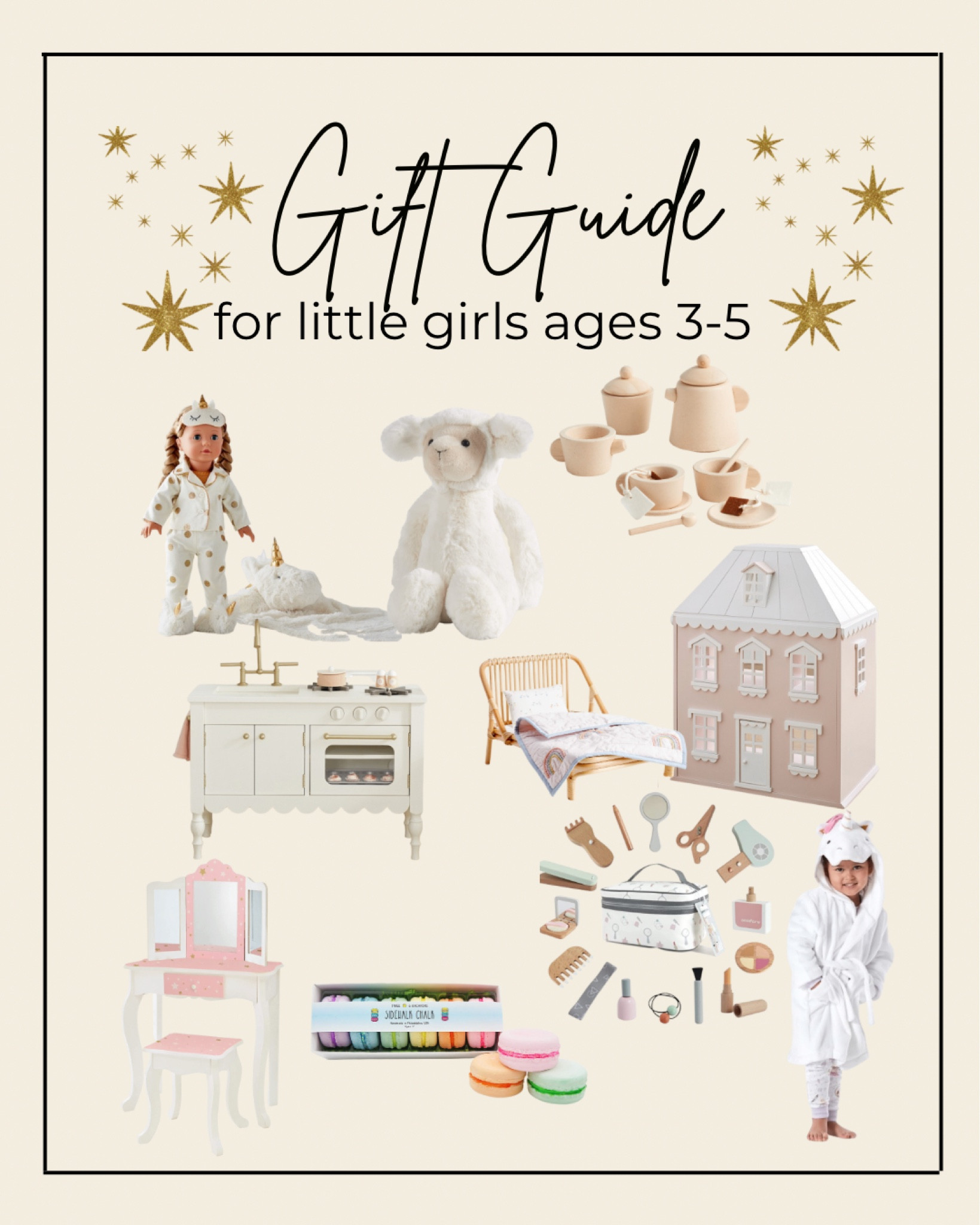 Toddler girl gift guide. Gift guide for toddler girl. Pottery barn doll with unicorn sleeping bag. Wooden tea set. Doll house. Toddler vanity set from Amazon. Wooden makeup set. Unicorn robe. Pottery barn kitchen #giftguide2022 

#LTKHoliday #LTKSeasonal #LTKfamily
