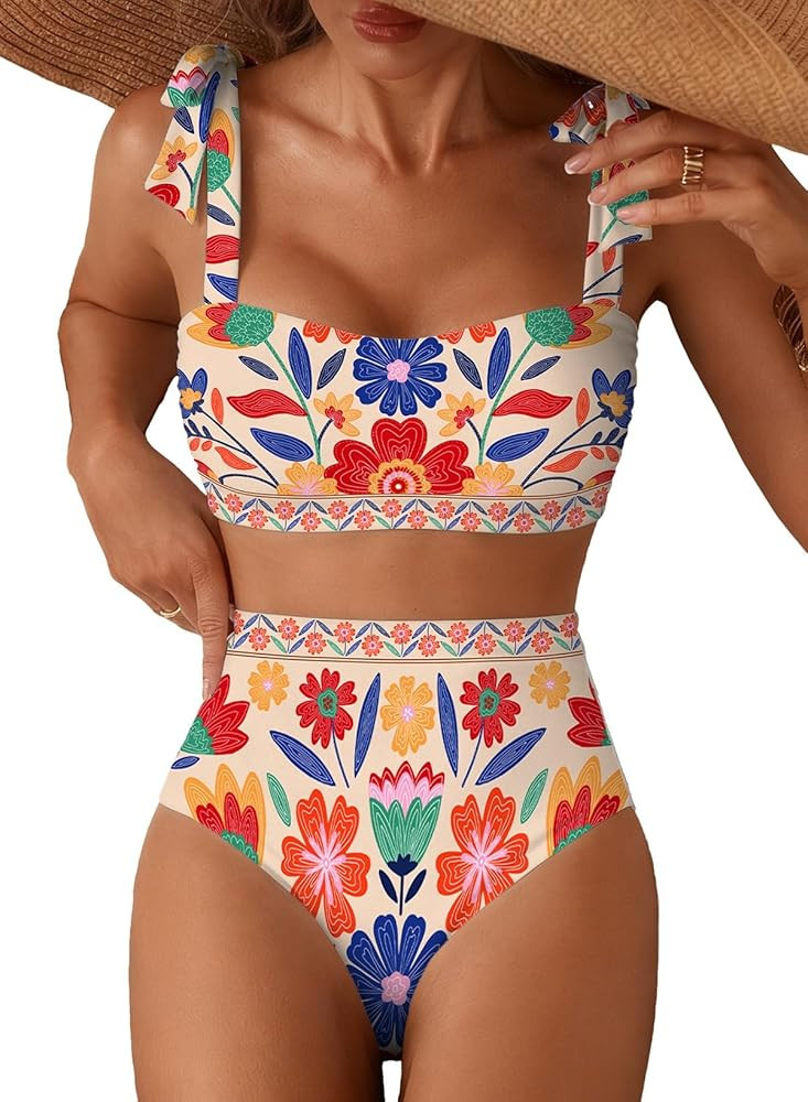Herseas Women's Tie Shoulder Bikini Sets 2 Piece Striped Swimsuits High Waisted Bathing Suits | Amazon (US)