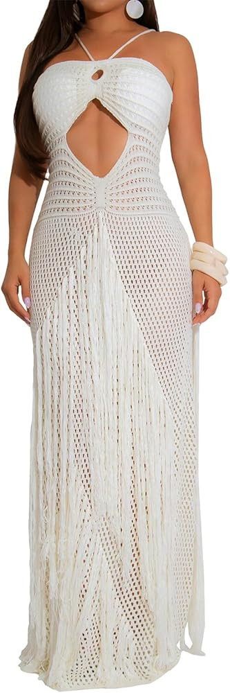 Women's Sleeveless Halter Knitted Bodycon Tassel Sexy Nightclub Party Sweater Bikini Cover Up Dre... | Amazon (US)