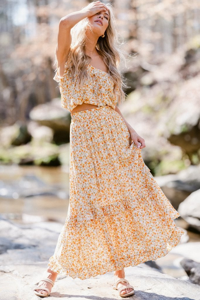 New Light Yellow And Orange Floral Print Top | Red Dress 