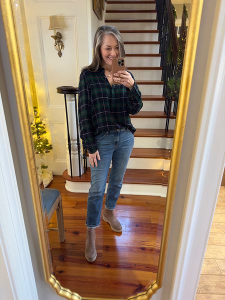 Plaid blouse with ruffle collar and cropped girlfriend jeans with tan lug sole boots. Add a feminine touch with Pearl necklace and earrings.  #belk #chicos #plaidshirt 

#LTKstyletip #LTKover40 #LTKHoliday