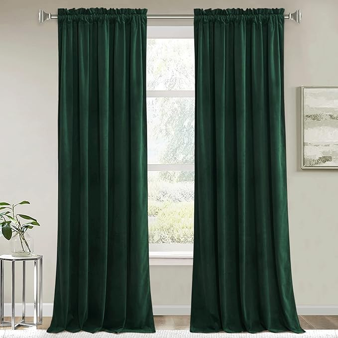 RYB HOME Green Velvet Curtains & Drapes - Half Blackout Thermal Insulating Soft Window Curtains f... | Amazon (US)