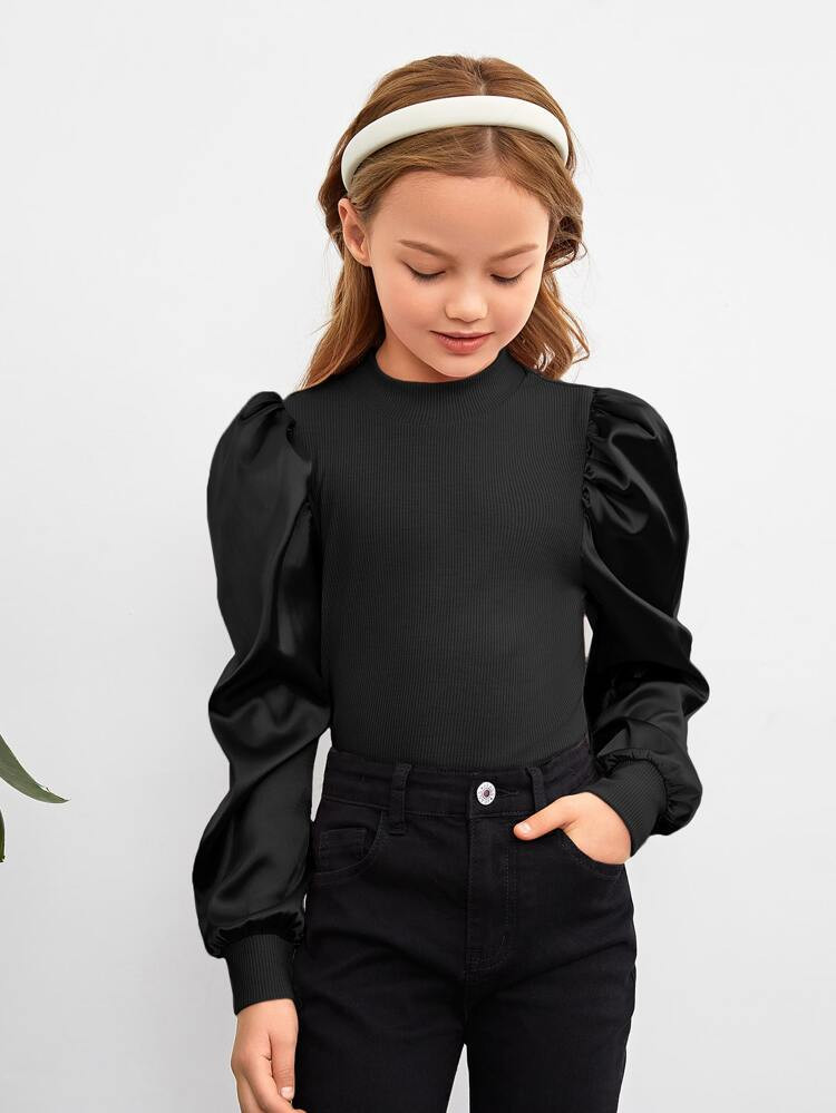 SHEIN Girls Puff Sleeve Rib Knit Top | SHEIN