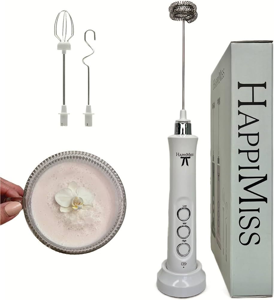 HappiMiss Milk Frother (white) USB Rechargeable - 3 whisks included for Making Perfect Fluffy Foa... | Amazon (US)