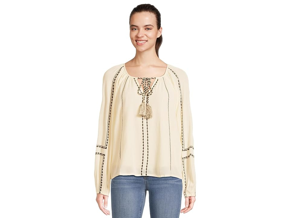 Liverpool Los Angeles Long Sleeve Woven Raglan Blouse With Embroidery Women's Clothing Alabaster/Black Embroidery : MD, Viscose | Zappos