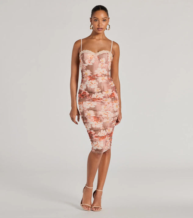 Blooming Romance Floral Mesh Bodycon Midi Dress | Windsor Stores