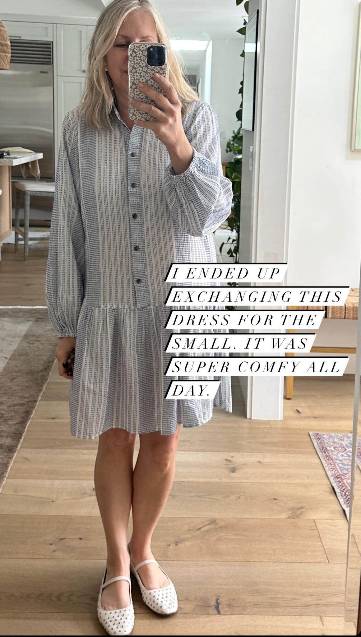 Love this dress with the drop waist and ruffles and it’s a steal. It runs large so I bought a small. I’m 138 and 5’4.  It also comes in a darling black stripe. #springdress 