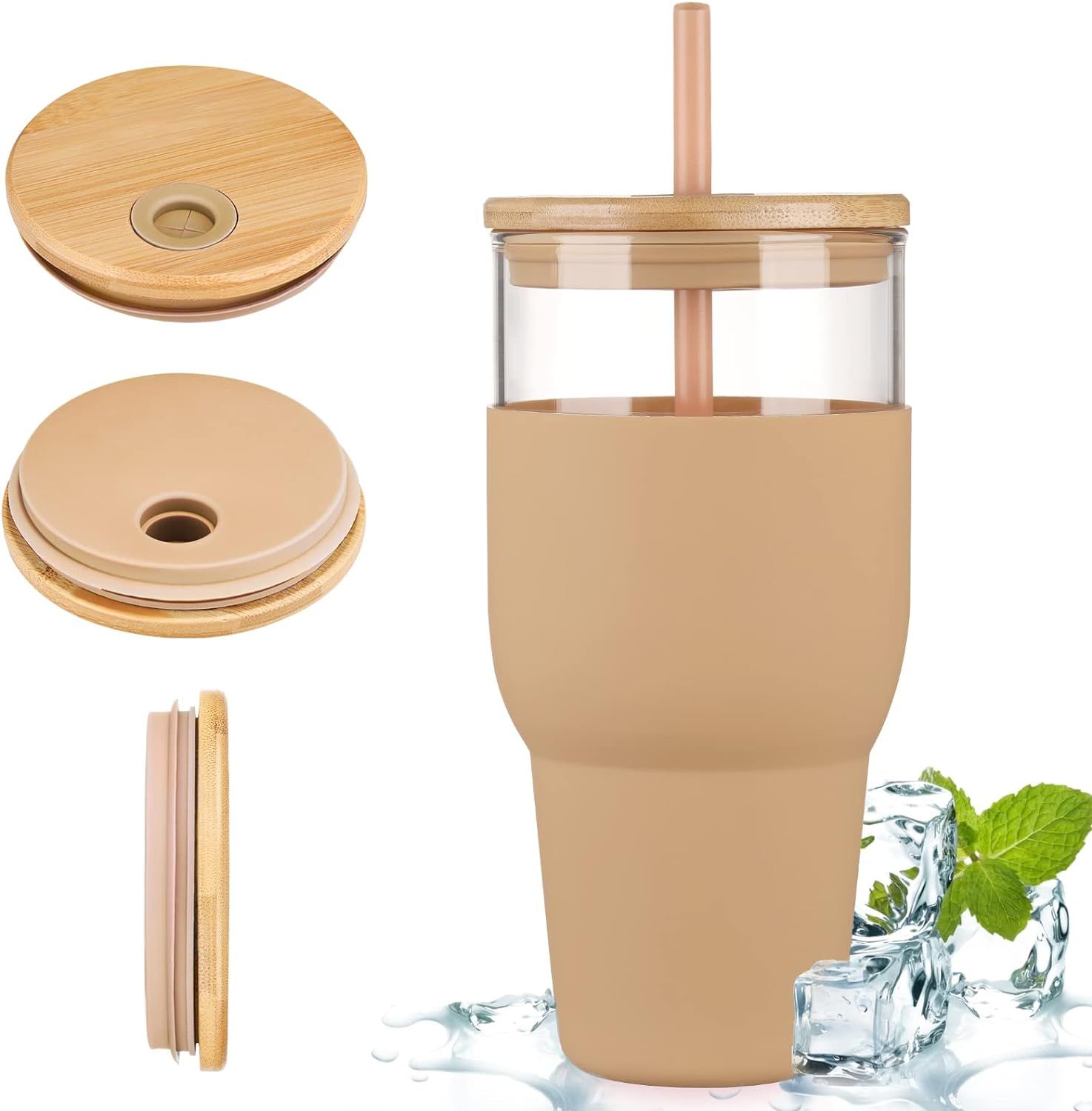 kytffu 32oz Glass Tumbler with Straw and Lid, Reusable Boba Smoothie Cup Iced Coffee Tumbler with... | Amazon (US)