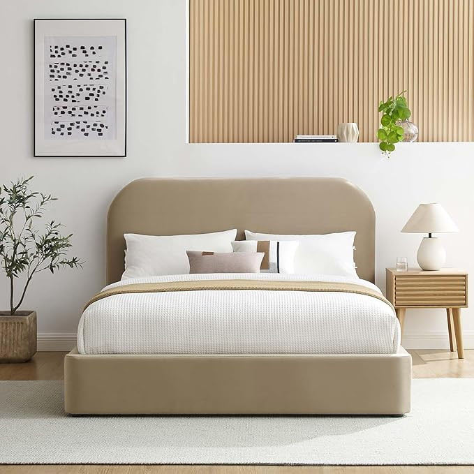 Modway Keynote Modern King Size Bed Frame with Curve Shaped Headboard in Taupe, Upholstered Perfo... | Amazon (US)