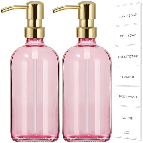 GMISUN Pink Soap Dispenser Bathroom, 2 Pack Kitchen Hand and Dish Soap Dispensers Set, 17 Fl Oz Pink Glass Soap Dispenser with Gold Pump, Refillable Modern Farmhouse Liquid Soap Pump Bottles | Amazon (US)