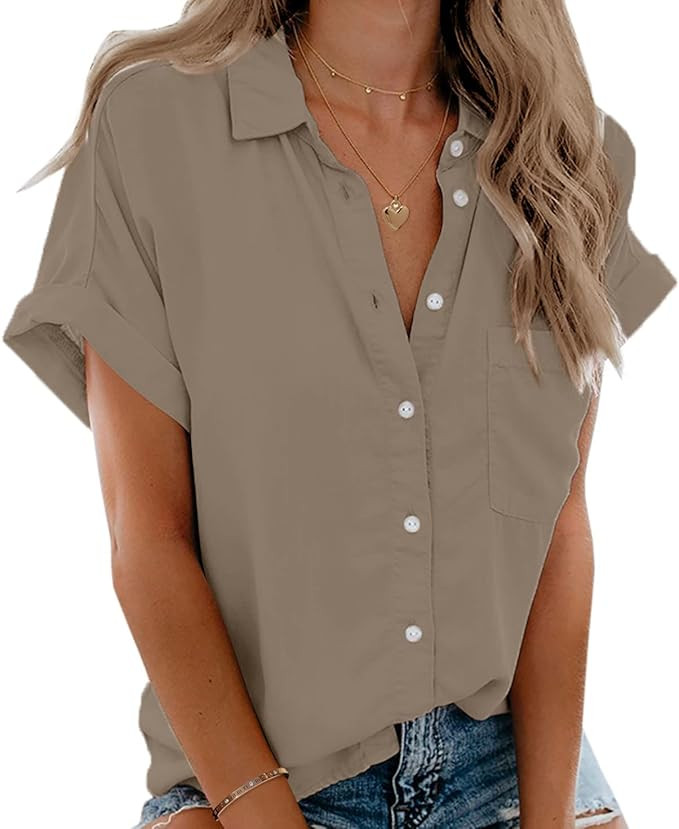 Beautife Womens Short Sleeve Shirts V Neck Collared Button Down Shirt Tops with Pockets | Amazon (US)
