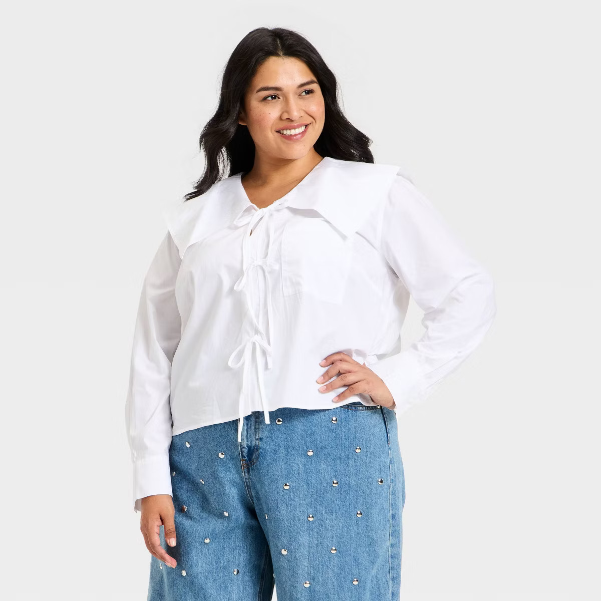 Women's Long Sleeve Relaxed V-Neck Tie-Front Blouse - Future Collective White XXL | Target