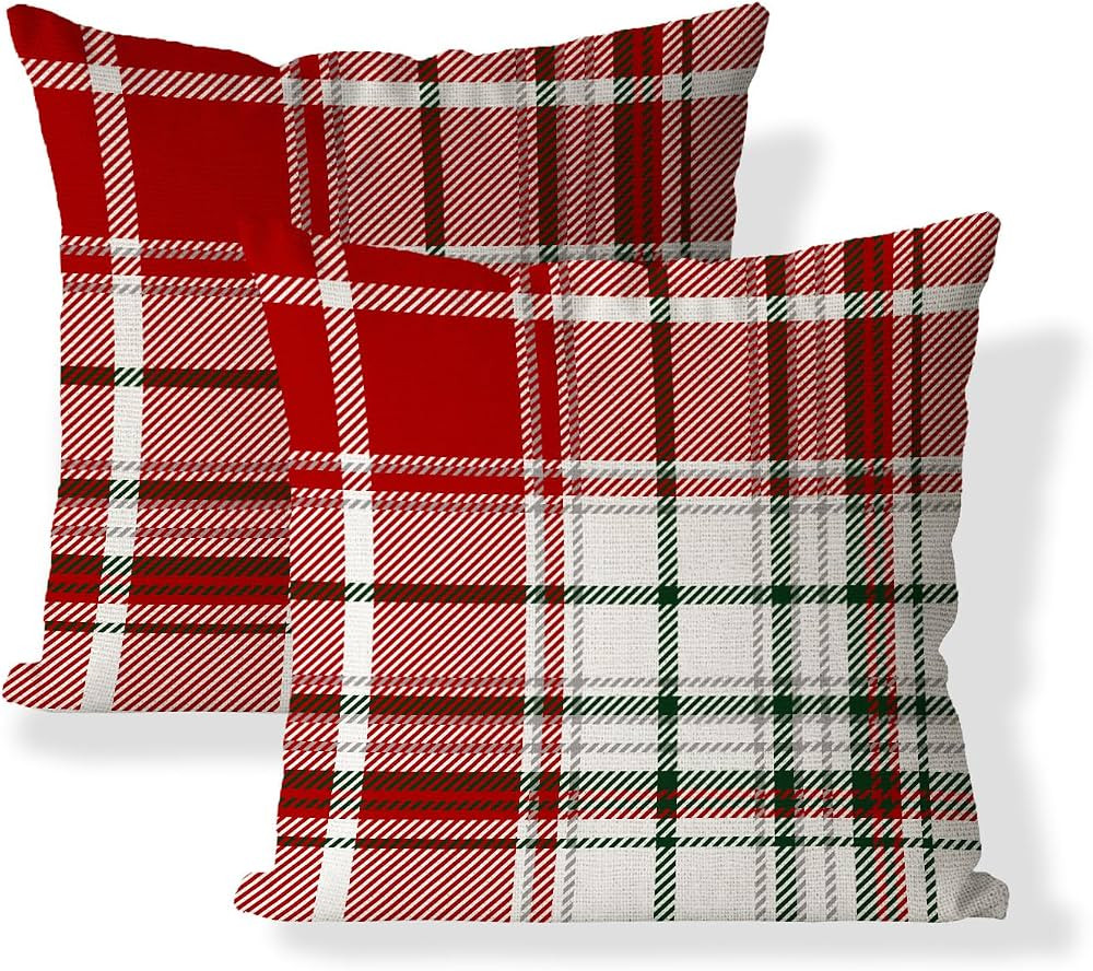 AOFANGGO Christmas Pillow Covers 18x18 Set of 2 Red Plaids Rustic Holiday Decorations Throw Pillo... | Amazon (US)