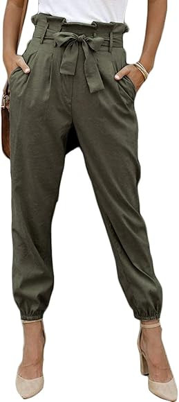 Yissang Women's Casual Loose Paper Bag Waist Long Pants Trousers with Bow Tie Belt Pockets | Amazon (US)