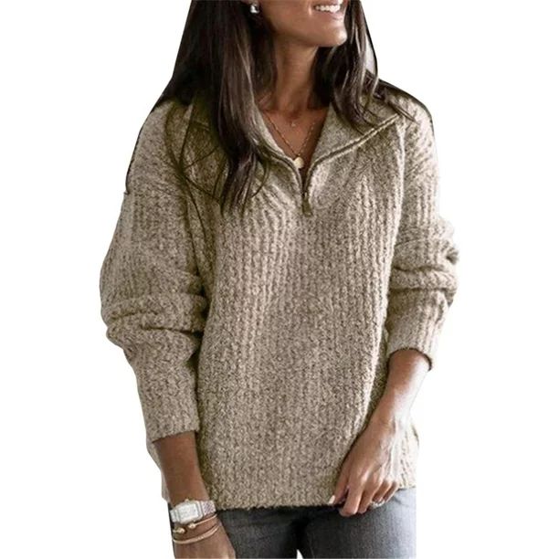 Women's Plus Size Long Sleeves Pullover Knitted Tops Casual Zipper Sweaters - Walmart.com | Walmart (US)