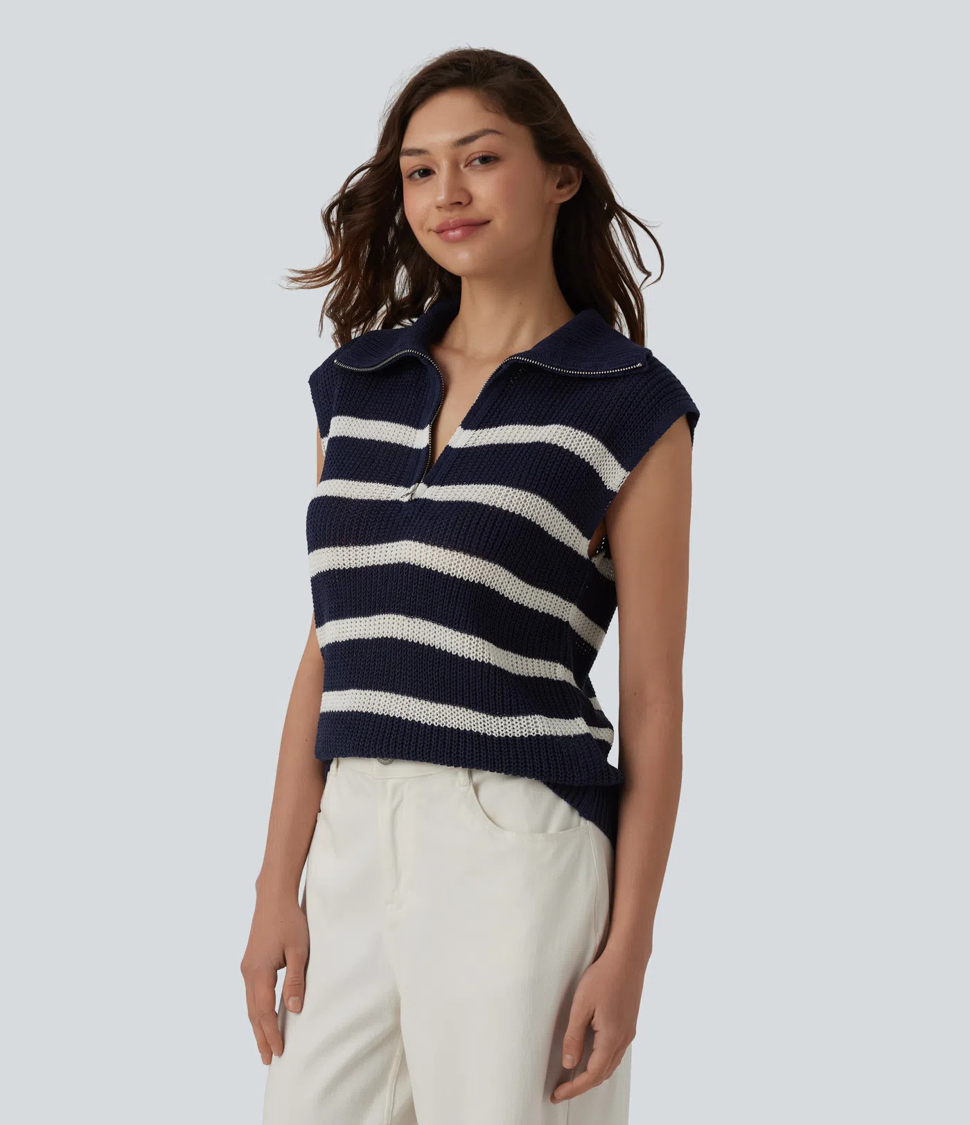Half Zip Sleeveless Stripe Casual Sweater | HALARA