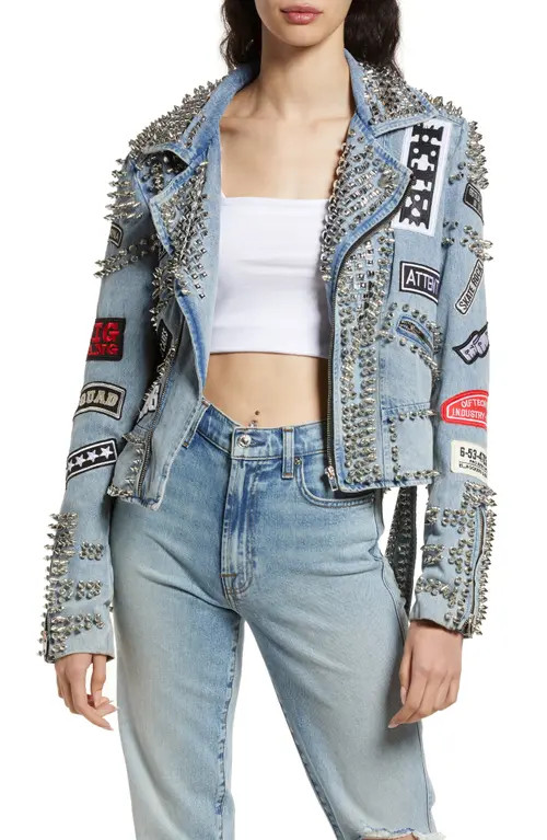 AZALEA WANG Spike Patch Embellished Belted Denim Moto Jacket in Blue at Nordstrom, Size Large | Nordstrom