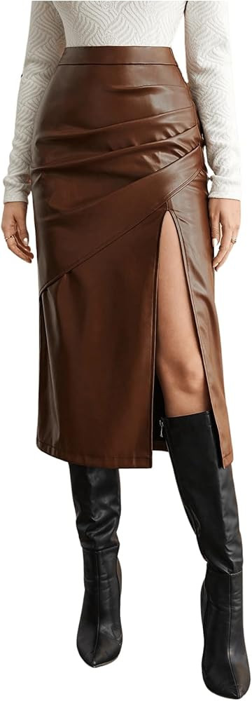 MakeMeChic Women's PU Leather Elastic High Waisted Split Thigh Ruched Skirts Bodycon Midi Pencil ... | Amazon (US)