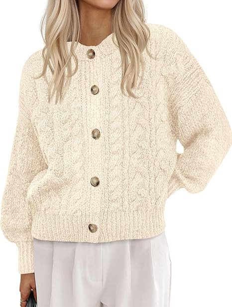 BTFBM Chunky Cardigan Sweaters for Women Fall Fashion 2025 Button Lantern Long Sleeve Cable Knit ... | Amazon (US)