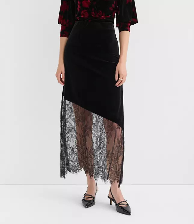Tall Chantilly Lace Velvet Bias Midi Skirt | LOFT
