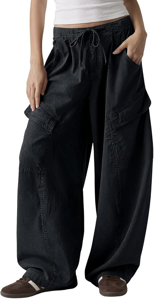 Fisoew Womens Barrel Baggy Cargo Pants Elastic Waist Wide Leg Casual Pants Y2K Streetwear with Mu... | Amazon (US)