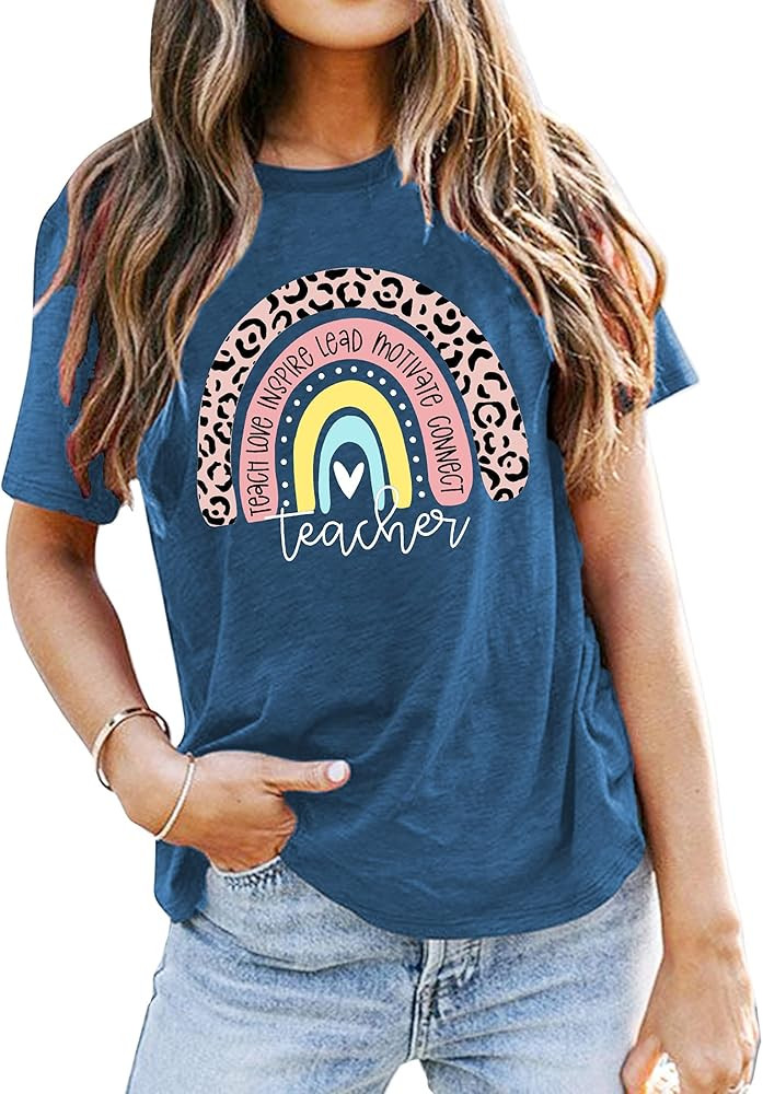 Teacher Shirt for Women Teach Rainbow Leopard Graphic Tee Tops Teachers Gift Teach Inspire T Shir... | Amazon (US)