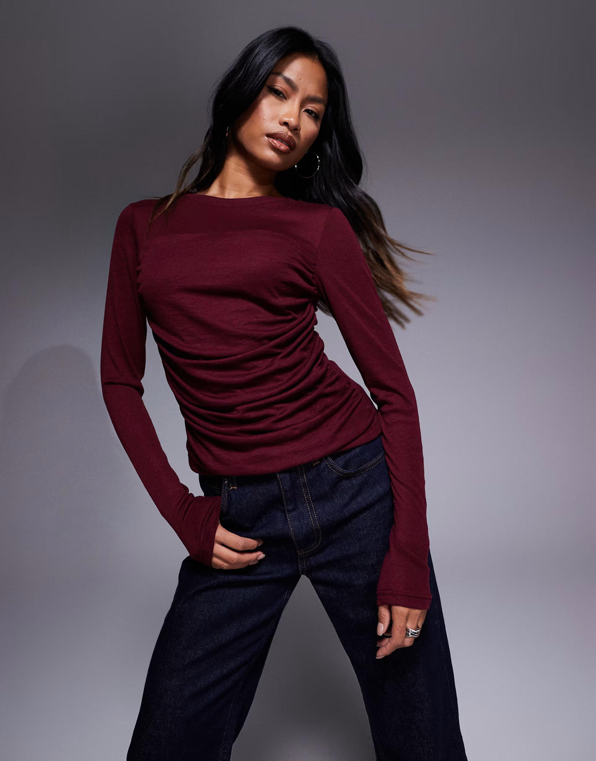 ASOS DESIGN soft jersey drape long sleeve top in burgundy | ASOS | ASOS (Global)