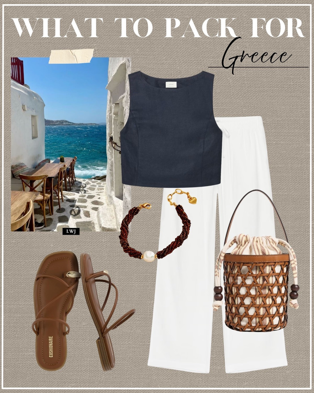 What to pack for Greece 

Summer travel / summer outfits / Greece outfits /navy boxy cut tank aritzia / white linen pants / strappy sandals / amazon / mini woven bucket purse / chunky bracelet

#LTKootd #LTKTravel