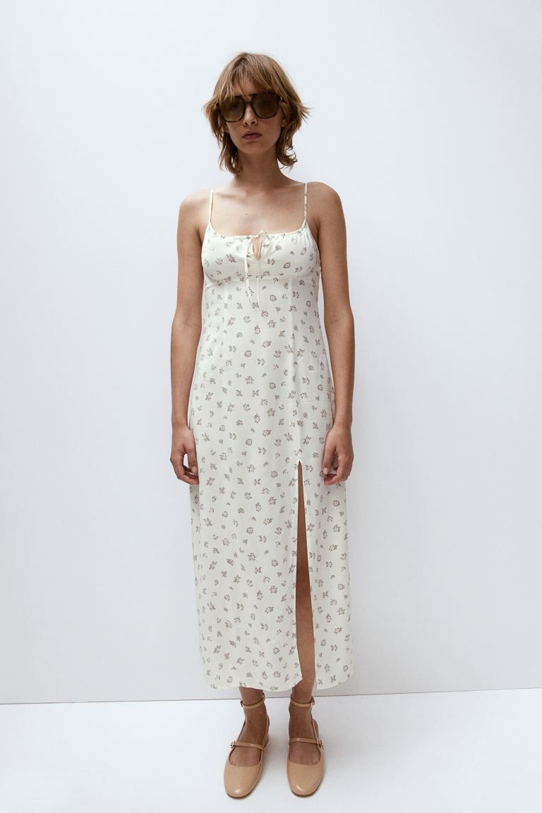 Drawstring-detail Midi Dress - Low-cut Neckline - Sleeveless - Natural white/floral - Ladies | H&... | H&M (US + CA)