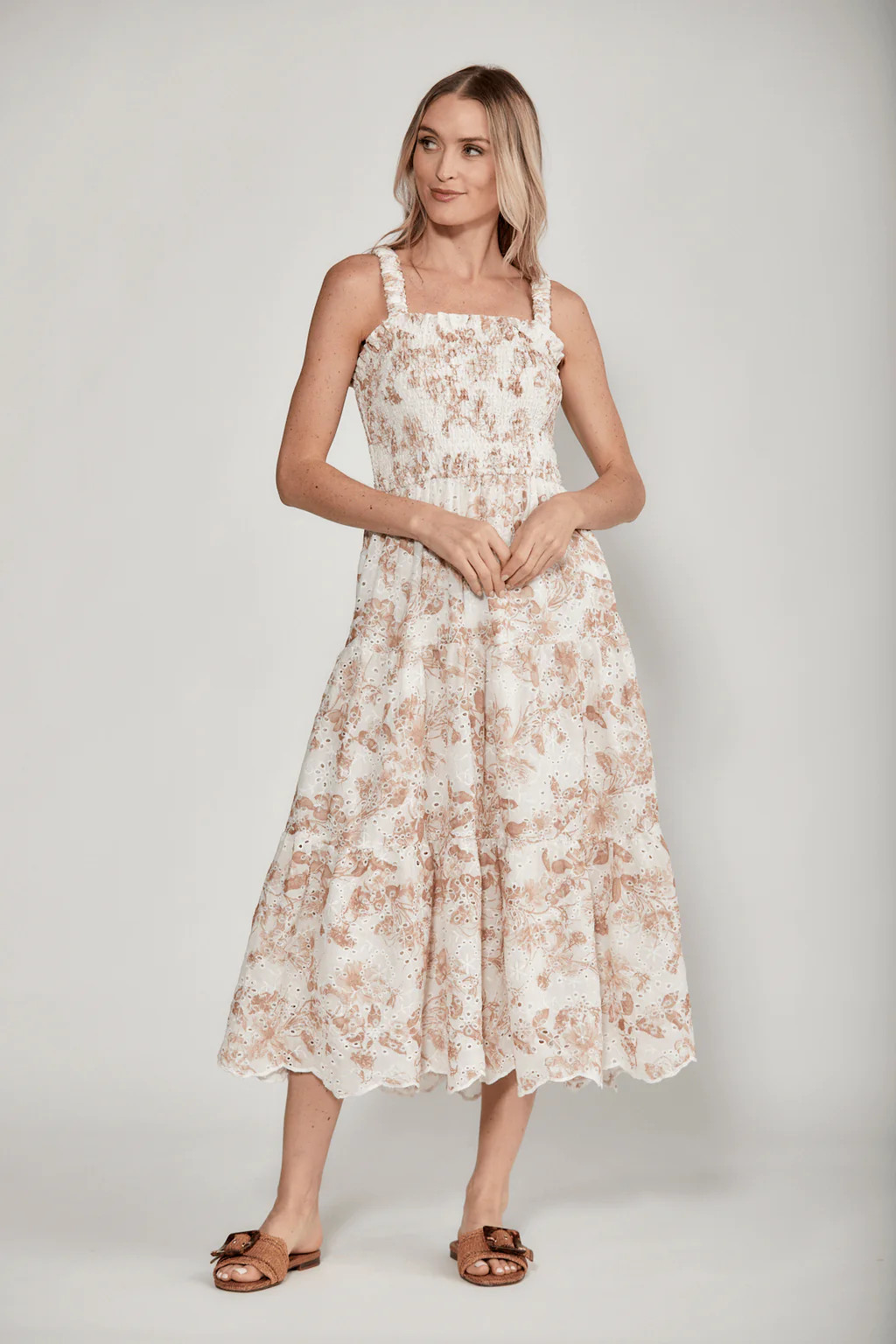 Dress Forum Floral Eyelet Smocked Tiered Midi Dress | Social Threads
