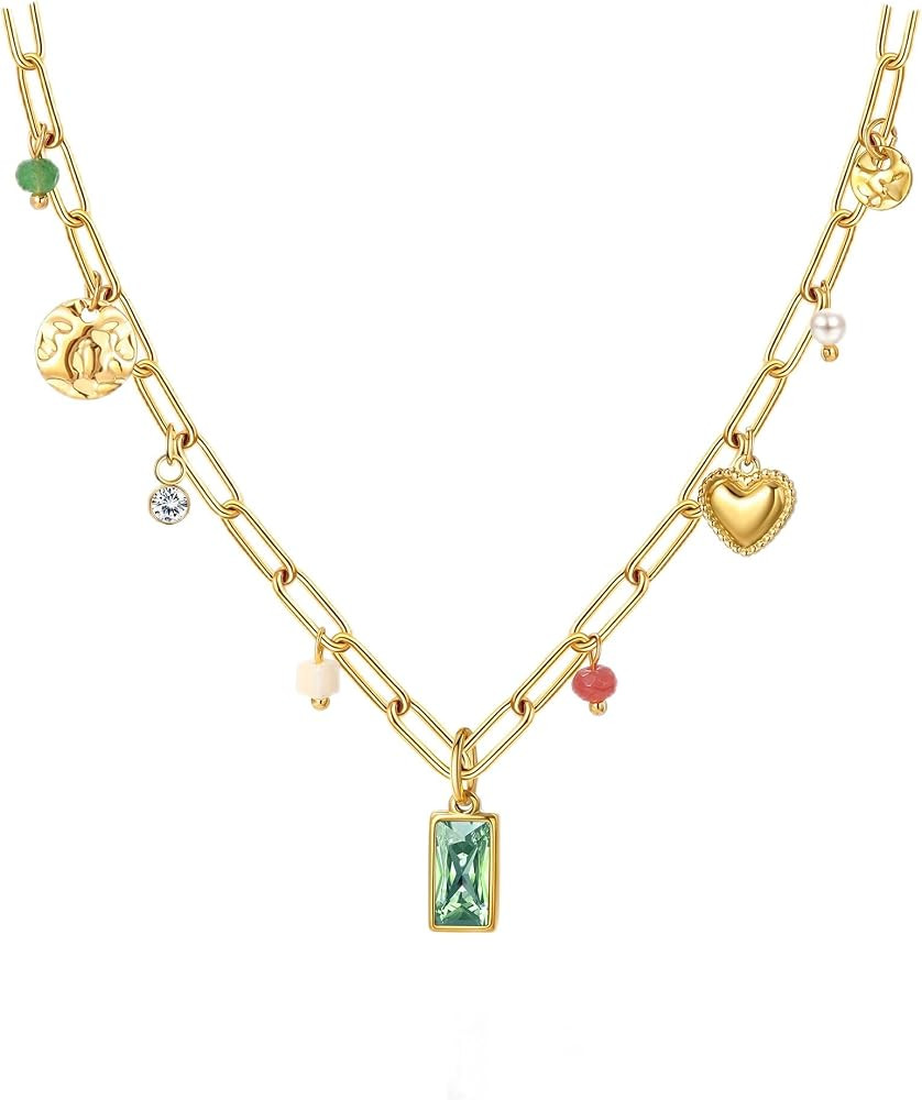 Gold Necklace for Women Dainty 14K Gold Plated Birthstone Necklace Green Blue Pendant Charm Neckl... | Amazon (US)
