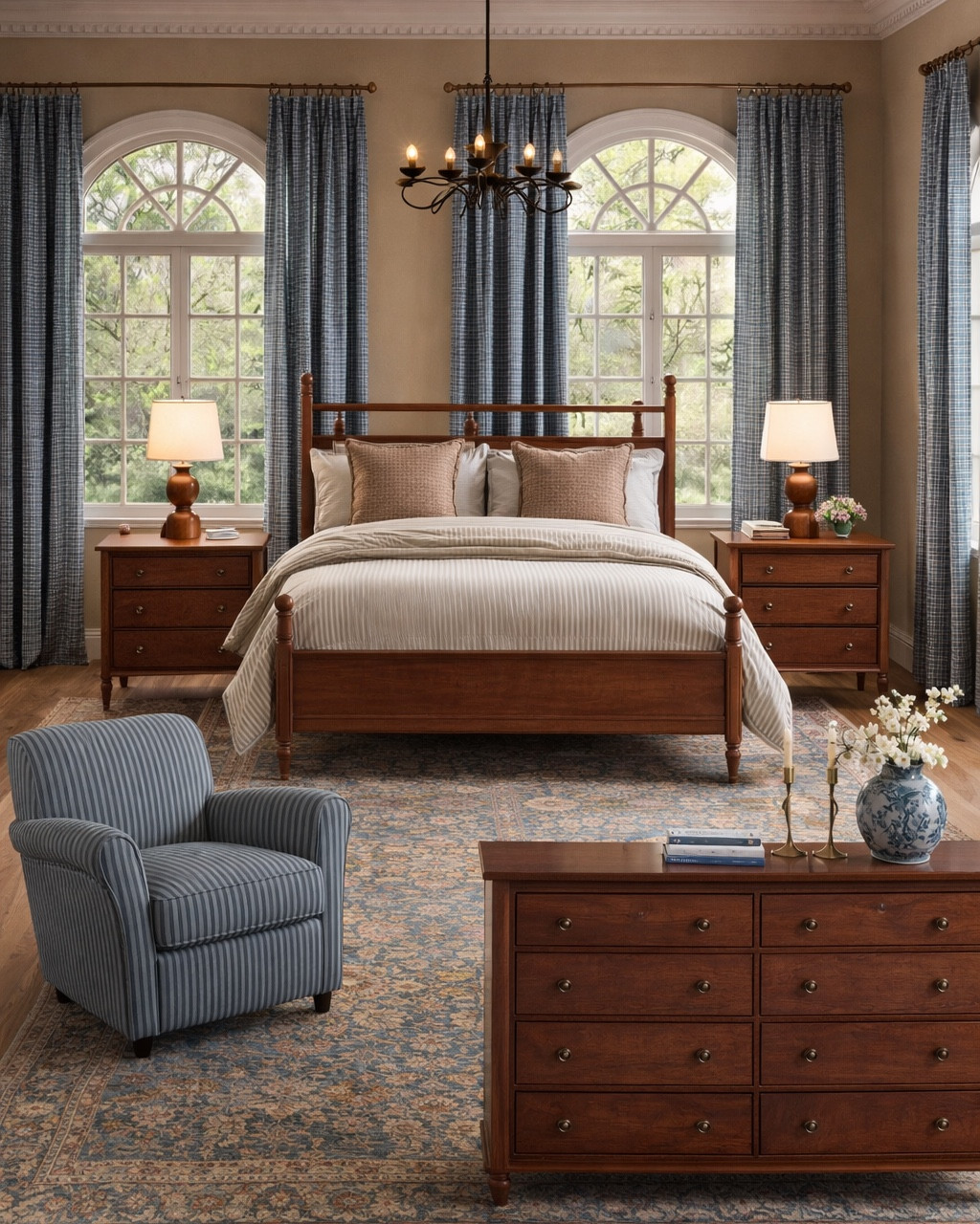 @Lulu and Georgia Bridgerton-inspired bedroom design. Bed, striped chair, rug and striped curtains from Lulu & Georgia. Dresser from Wayfair, nightstand from Pottery barn. #homedecor #bedroominspiration 

#LTKHome #LTKSeasonal #LTKSaleAlert