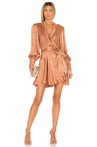 Zimmermann Silk Wrap Mini Dress in Biscuit from Revolve.com | Revolve Clothing (Global)