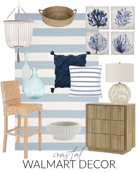 Lots of great affordable home décor pieces from Walmart!  Items include a striped area rug, a rattan barstool, a fluted 3 drawer dress, a woven table lamp, a white ceramic bowl, a blue glass vase, a blue tufted decorative pillow, a blue and white striped pillow, a beaded pendant chandelier, a set of 4 coral canvas art and a woven tray.

look for less home, designer inspired, beach house look, walmart haul, walmart must haves, area rug walmart, home decor, Walmart finds, Walmart home decor, Walmart bedroom, Walmart décor, Walmart home finds, walmart chairs, Walmart table lamps, walmart rugs, simple decor, dining chairs, accent chairs, abstract wall art, art for home, canvas wall art, living room decor, bedroom inspiration, couch throws, neutral design, bedroom area rug, dining room rug, simple decor, coastal decorating, coastal design, coastal inspiration #ltkfamily #ltkfind #LTKSale 

#LTKSeasonal #LTKstyletip #LTKunder50 #LTKunder100 #LTKhome #LTKstyletip #LTKhome #LTKunder100