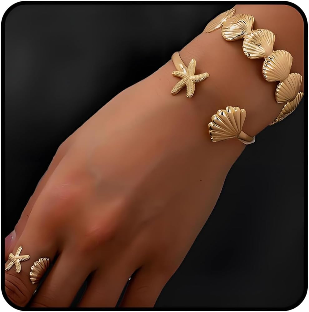 Golden Shell Bracelet Set For Women, Gold Summer Beach Seashell Stackable Bracelets Statement Ope... | Amazon (US)