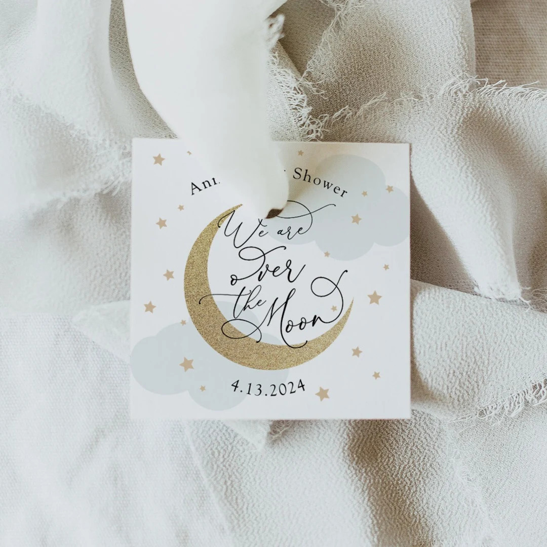 Over the Moon Baby Shower Printable Tags, Favor Tag, Blue Clouds and Gold Stars, Printable Instan... | Etsy (US)