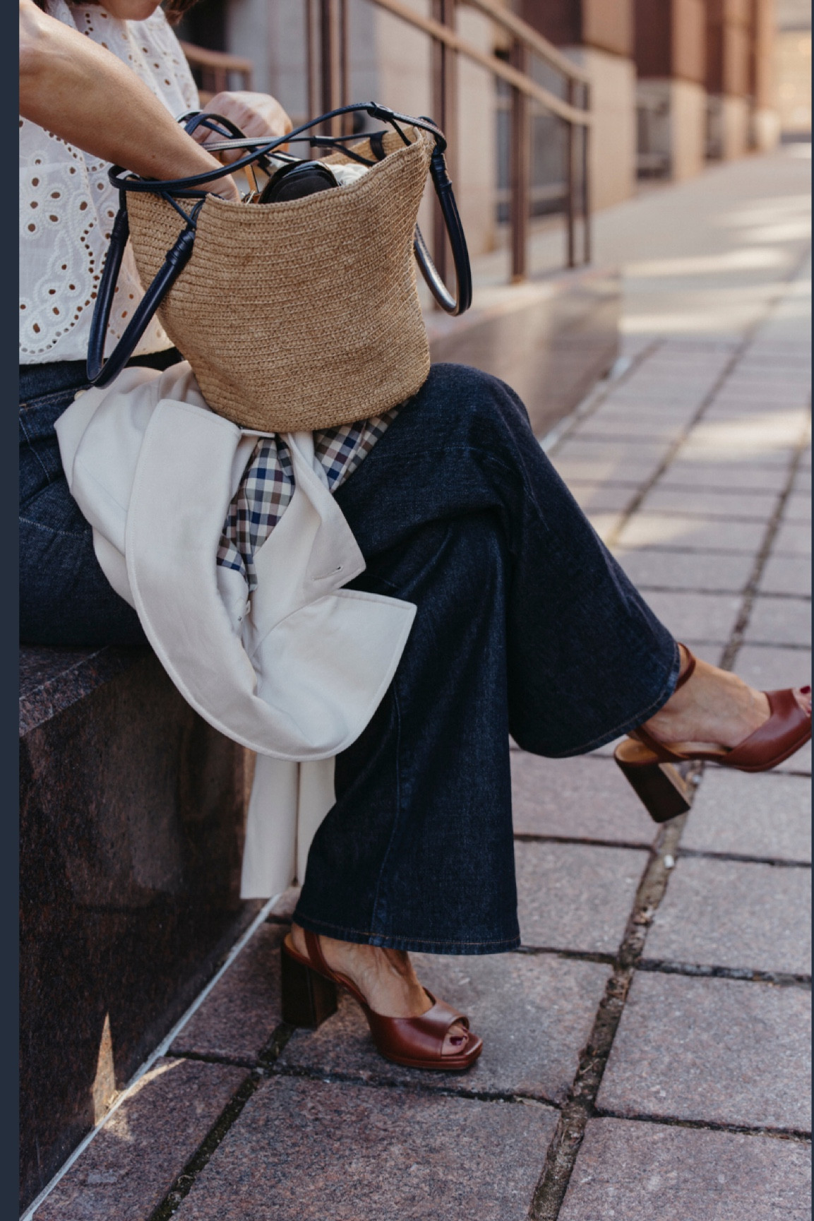 Spring Outfit
Sézane Justine Market Bag/dark natural raffia, comes in multiple colors and styles
J. Crew Sailor Denim/size down 
Sézane Maxine Heels/very comfy, true to size 
Sèzane Clyde Trench/ecru/size down 2 

#LTKover40 #LTKSeasonal #LTKitbag