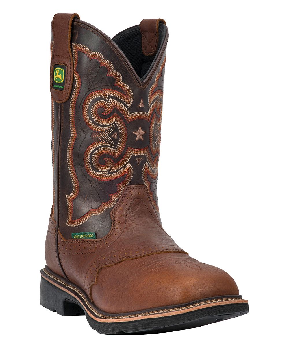 John Deere Men's Western Boots MAHOGANY - Mahogany Embroidered Square-Toe Cowboy Work Boot - Men | Zulily